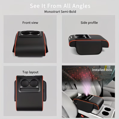 Multifunctional car armrest lift pad with starry sky ceiling design, charging function, six-in-one storage, cup holder, and tissue box.