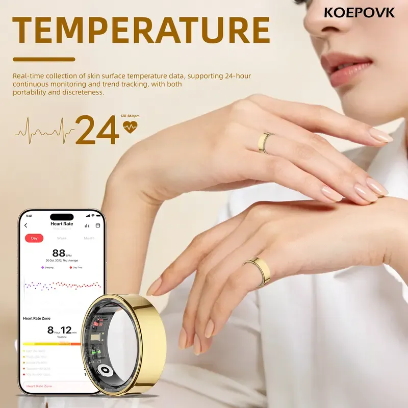 Koepovk Titanium IP68 Smart Ring with Sleep Monitoring, Heart Rate Tracking, Emotion Recognition&Body Temperature Measurement. Wireless Fitness Tracker with Multiple Exercise Modes & No Subscription. Ideal Gift for Women. 3-5 Days Battery