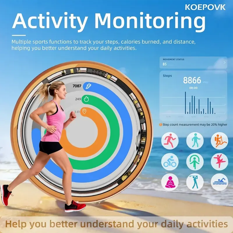 Koepovk Titanium IP68 Smart Ring with Sleep Monitoring, Heart Rate Tracking, Emotion Recognition&Body Temperature Measurement. Wireless Fitness Tracker with Multiple Exercise Modes & No Subscription. Ideal Gift for Women. 3-5 Days Battery