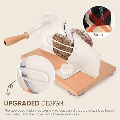 SOWKIPE Manual Bread Slicer with Hand Crank, Classic Home Bread Slicer for Homemade Sourdough, Rotary Slicer with Adjustable Thickness, Premium Stainless Steel & Powerful Suction Cups (White)