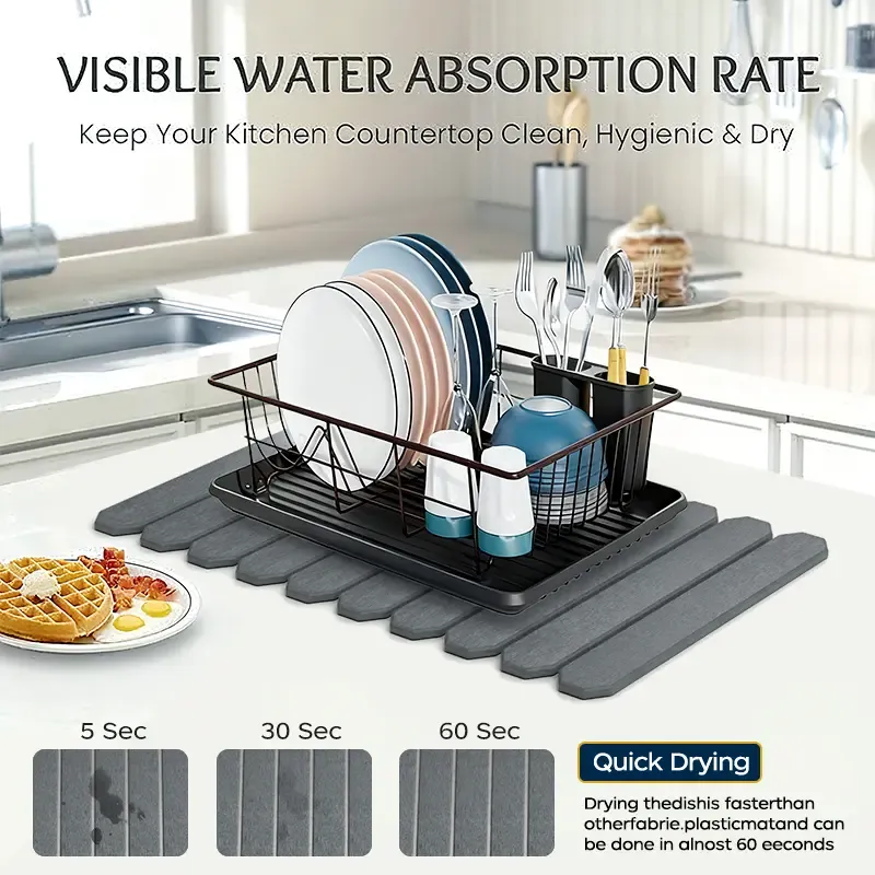 Msercuor Large Stone Dish Drying Mat 24inx16in  Diatomaceous Earth Collapsible Quick Drainage for Kitchen Counter with Sanding Paper & Anti-Slip Pad Coasters Tableware