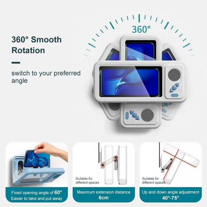 Bathroom shower waterproof phone holder Bluetooth speaker 360°Rotation touch screen mobile phone box watch movie listening music