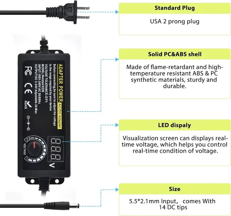 SnapFixMate Universal Power Supply, Plug Converter, Adjustable from 3.5 to 24V at 2A, AC to DC Adapter, US Power Plug, Featuring an LCD Screen And Digital Display, Includes Reverse Polarity Wiring And 14 Connectors