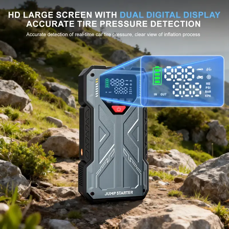 8000mAh(5 in 1 Function)Geeneu Portable Car Jump Starter With Air Compressor 6000A (10.0L Gas, 9.0L Diesel) With 150 PSI Tire Inflator, 12V Car Battery Jump Power With LED Light F6 portable jumpstarter batterycharger Outdoorfun Emergency Lighting