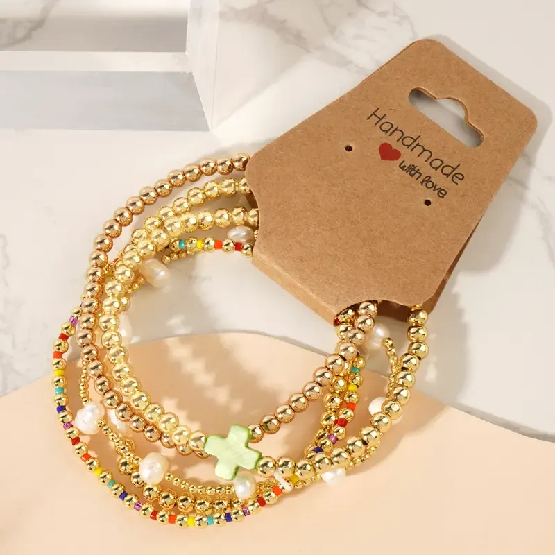 Shinus Boho Gold Plated Pearl Beaded Cross Bracelets Stack Set for Women Stretch Boho Colorful Christian Beads Ball Jewelry Friendship Trendy Gift for her