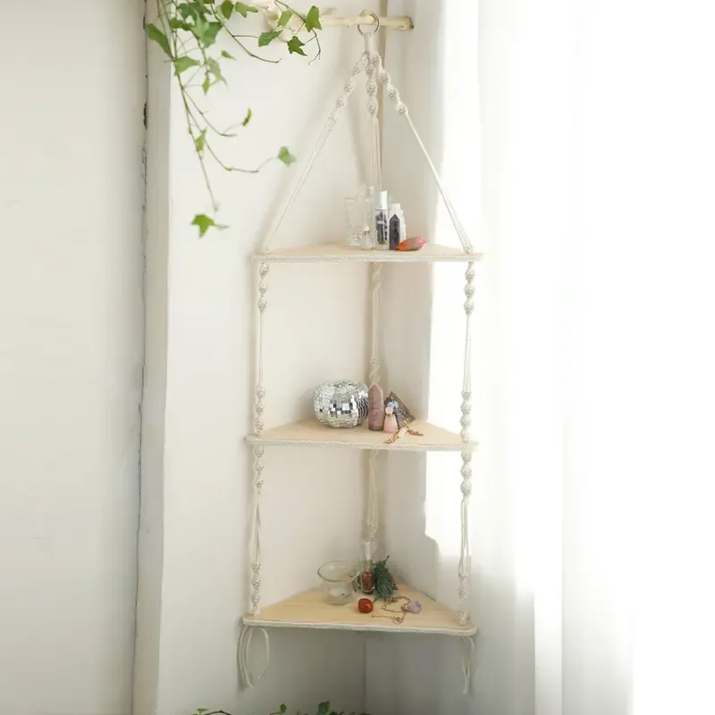 Wooden Wall-Mounted Design Hanging Rack, 1 Count Boho-Style Triangle Storage Rack, Home Decor for Bedroom, Living Room or Study, Corner Wall Shelf