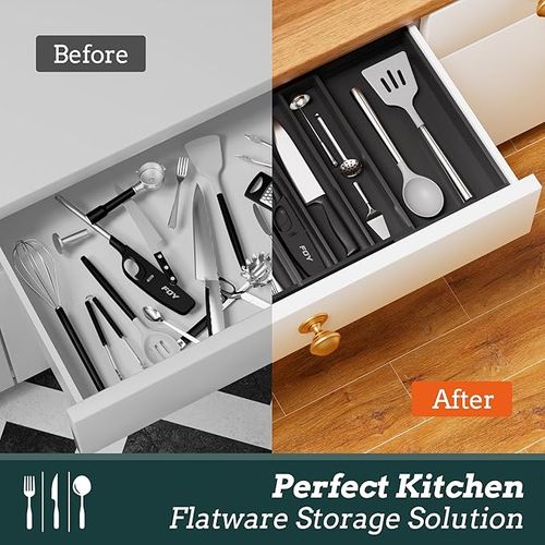 Silverware Organizer Large, Magnetic Connected Expandable 8 Slots Silverware Drawer Organizer from 12 to 20 Inches, Adjustable Flatware and Cutlery Holder, Bamboo Utensil Tray for Kitchen Black