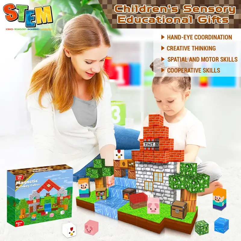 Magnetic Blocks-100PCS Magnetic Building Blocks Magnetic Tiles Stacking, Build Mine Magnet World Set, STEM Montessori Sensory Toys magnet blocks Cubes Creativity Outdoorfun minecraft magnetic blocks