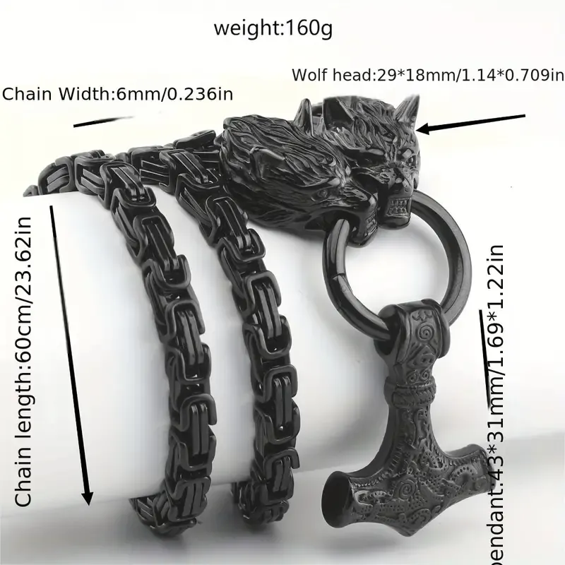 Punk rock titanium hammer pendant necklace, Viking style wolf head totem accessories, let the wolf head bring you different courage