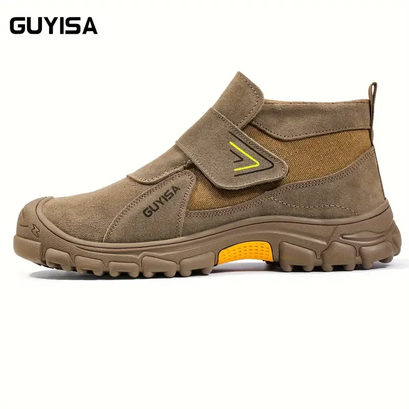 Safety shoes, labor protection shoes, impact-resistant, puncture-resistant, spark-resistant, steel-lined, rubber-soled, round-toed, mid-tube, Velcro, flat-bottomed, welder construction site, four seasons brown
