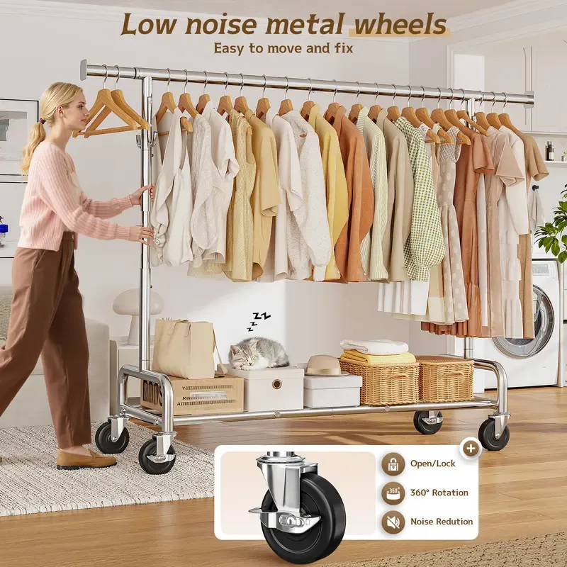 Raybee Clothes Rack for Hanging Clothing with Lockable Wheels,75 inches Extendable & Height Adjustable Coat Rack,Heavy Duty Clothes Racks Holds Up to 440LBS,Portable Rolling Garment Rack with 4 Hooks for Bedroom,Laundry Room,Commercial, Chrome
