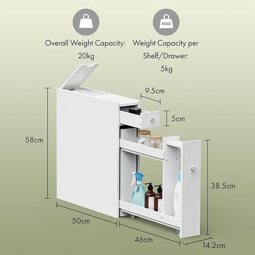 VonHaus Slim Bathroom Storage Unit - White Slimline Bathroom Cabinet - Narrow & Compact Bath Organiser with Drawer & Slide Out Shelving - Freestanding Shaker Style Storage - Holbrook