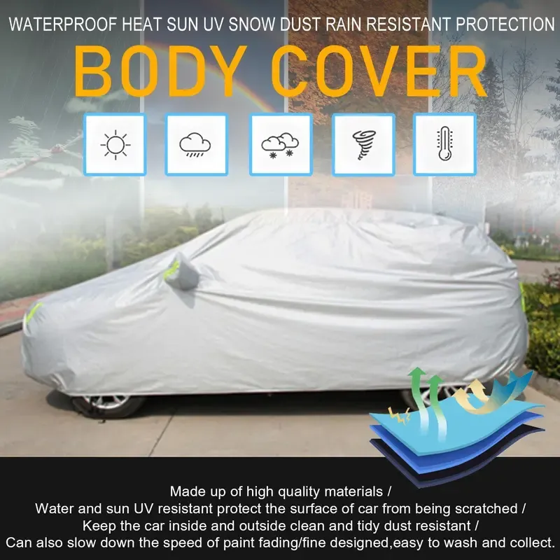 ALL-WEATHER CAR ARMOR! Waterproof 190T Polyester Cover Fits SUV,Sedan.  Sun Ice UV Defense 60s Install Silver Color Complete Protection