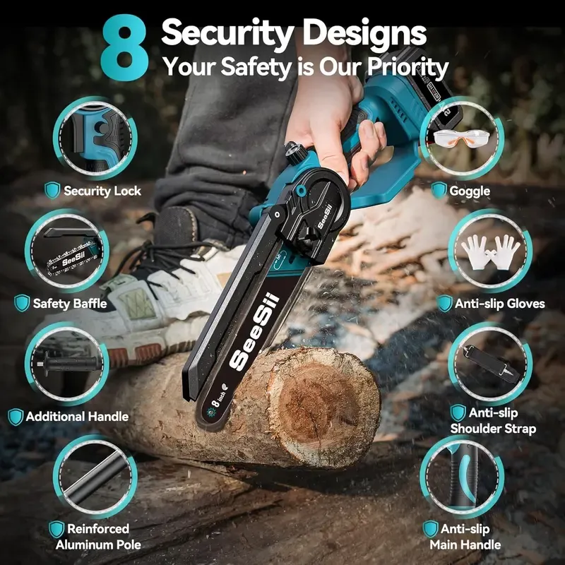 2 in 1 Cordless 8 inch Pole Saw, SeeSii Power Electric Polesaw for Tree Trimming with 2X4.0Ah batteries, Chain Saw with Extension Pole, Limb Branch Cutter Pruner P8 Ace CS300Pro-APS61 CH800B