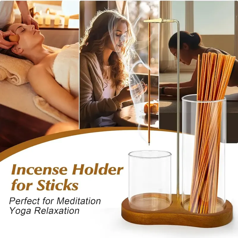 2 in 1 Incense & Candle Holder, 1 Count Wooden Base Aromatherapy Diffuser Incense Burner with Removable Glass Ash Collector, Woody Home Decor Ornament for Living Room Bedroom, Funny Gift, Scented, Aroma, Fragrance Perfume