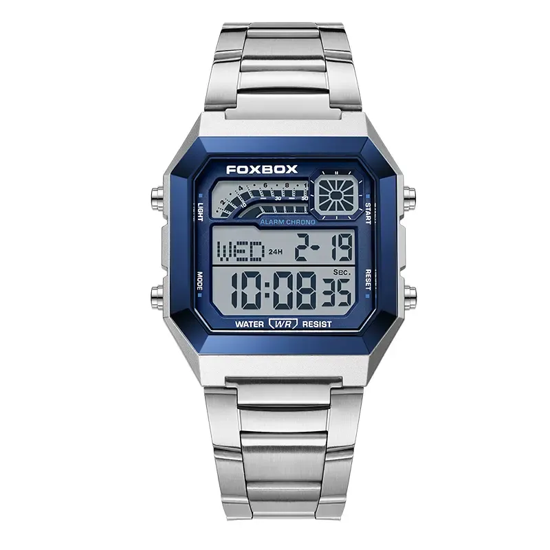 FOXBOX men's digital watch—perfect for students and adult men. Features an alloy case and strap, waterproof design, backlight, and displays time, date, and weekday