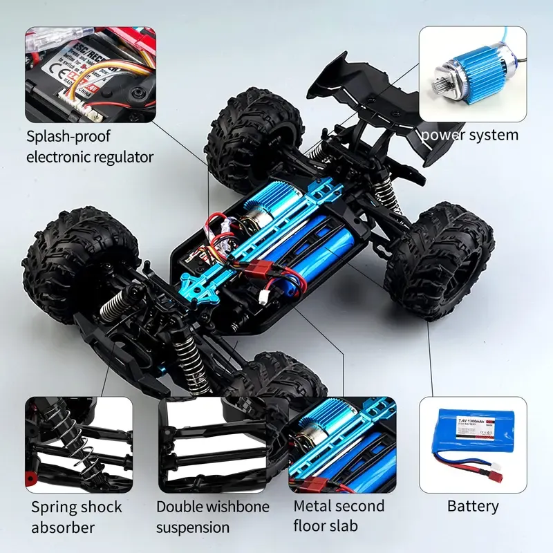 1:16 Full-Scale RC Vehicle — 4WD Off-Road RC Truck (with LED Headlights and Rechargeable Battery) — High-Speed ​​Drifting Monster Truck