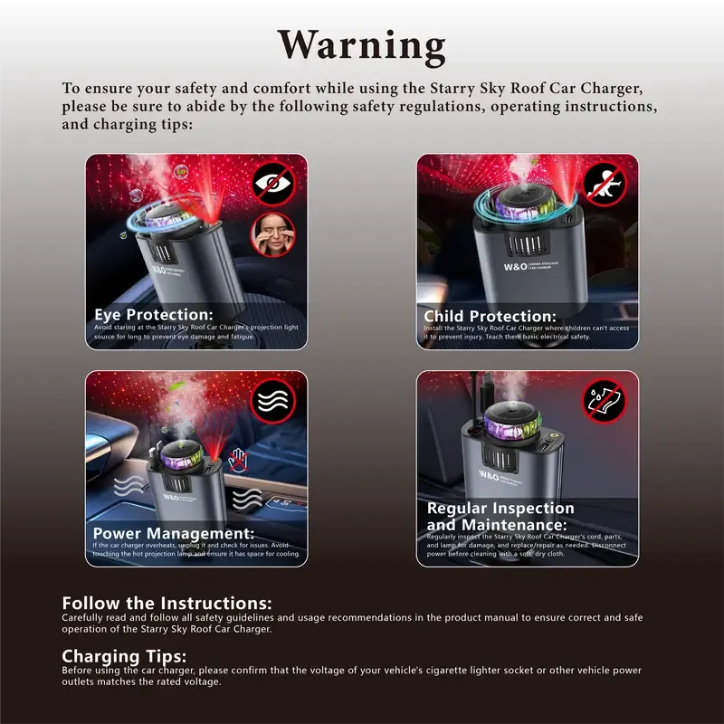 W&O Aromatic Starlight In Car Roof Retractable Car Charger with Lightning Cable, Dual Charge Port, Fast Charging Adapter - Automotive Vehicle Red