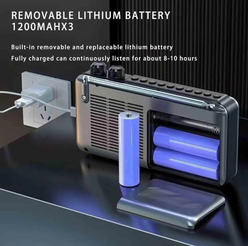 Portable rechargeable video radio, supports AM.FM and SW bands, equipped with Bluetooth, supports USB.Micro SD cards, 5W speaker, and headphone jack.