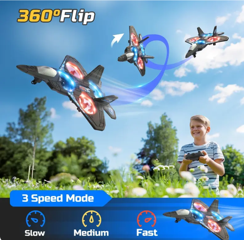 Remote-Controlled Fighter Jet — Crash-Resistant Quadcopter Drone with Colorful LED Lights — RC Aircraft Model Toy for Kids