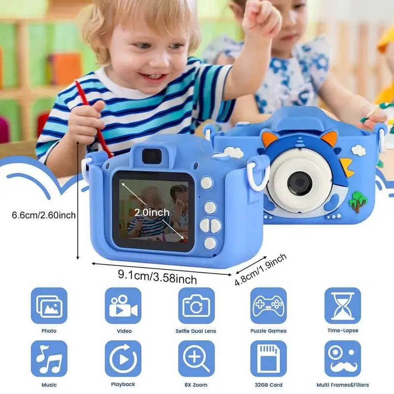 Cartoon Dinosaur Digital Camera, Cute Video Recording Camera Toy with 32 GB Memory Card, Birthday and Holiday Gift for Kids