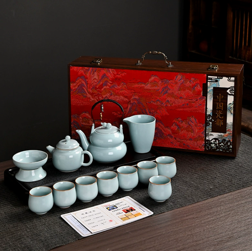 Ru Ware Tea Set in Embroidered Gift Box