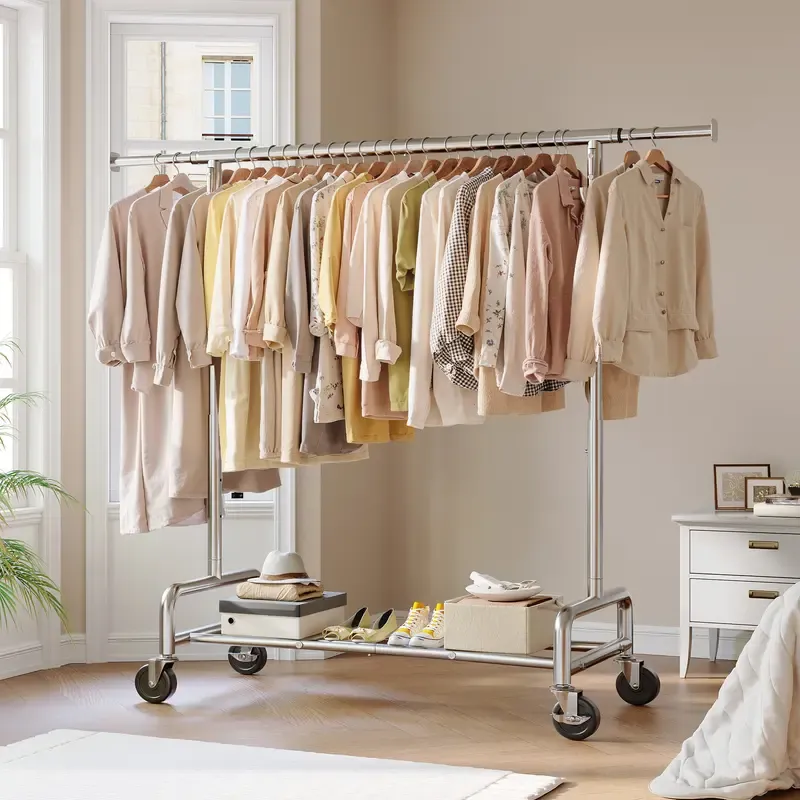 Raybee Clothes Rack for Hanging Clothing with Lockable Wheels,75 inches Extendable & Height Adjustable Coat Rack,Heavy Duty Clothes Racks Holds Up to 440LBS,Portable Rolling Garment Rack with 4 Hooks for Bedroom,Laundry Room,Commercial, Chrome