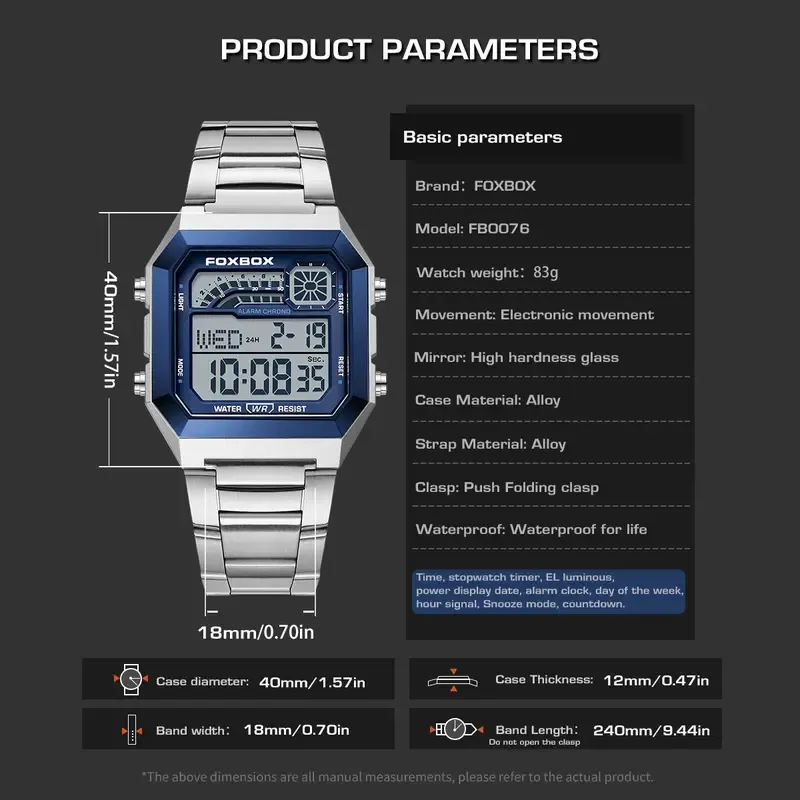 FOXBOX men's digital watch—perfect for students and adult men. Features an alloy case and strap, waterproof design, backlight, and displays time, date, and weekday
