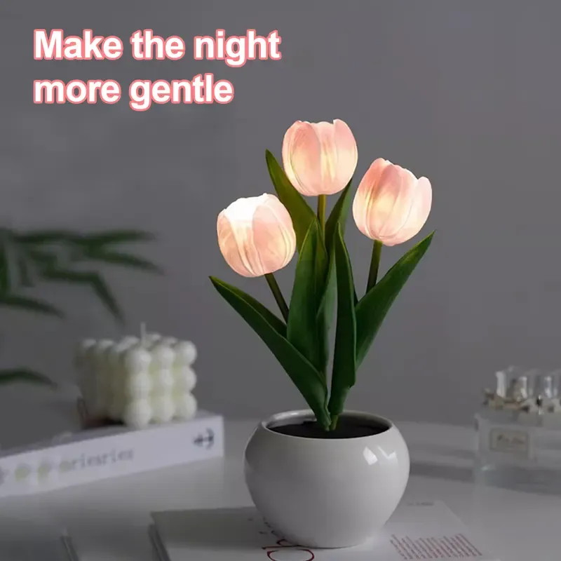 LED Simulation Tulip Table Lamp with Vase, Romantic Home Living Room Tabletop Decoration, Festive Holiday Gift for Home Supplies
