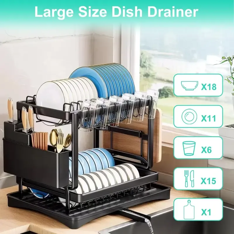 Bepatio Double-Layer Kitchen Countertop Drain Rack, Metal Material, with Drain Board, Can Hold Tableware, Carbon Steel Material, Kitchen Storage Rack