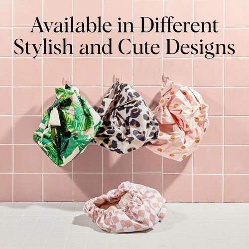 Kitsch Luxury Satin-Lined Flexi Shower Caps for Women Reusable Waterproof - Large Wide Shower Cap for Women & Men, Adjustable, Stylish Hair Cap for Showers, For Long & Short Hair - Terracotta Checker