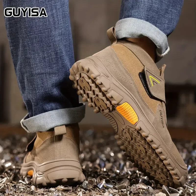 Safety shoes, labor protection shoes, impact-resistant, puncture-resistant, spark-resistant, steel-lined, rubber-soled, round-toed, mid-tube, Velcro, flat-bottomed, welder construction site, four seasons brown