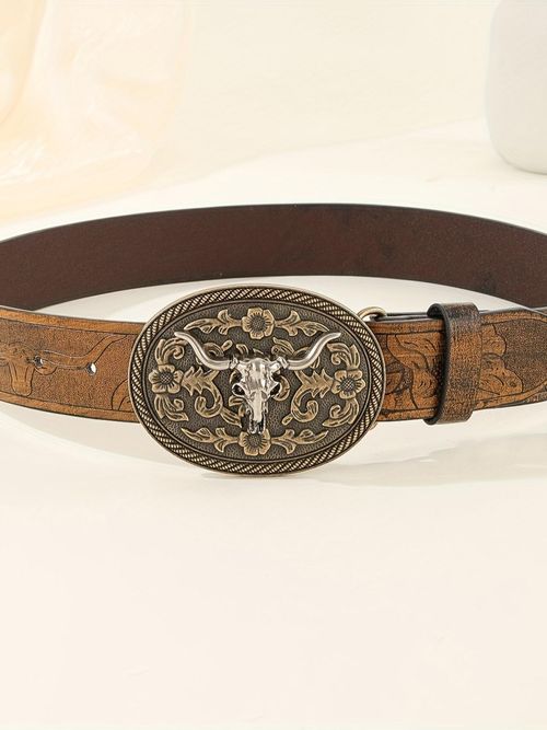 Western Cowboy Style Embossed PU Buckle Belt, Boho Style Animal Decor Belt for Men & Women, Fashion Accessories for Daily Wear, Western Concho Belts, Western Belt Buckles