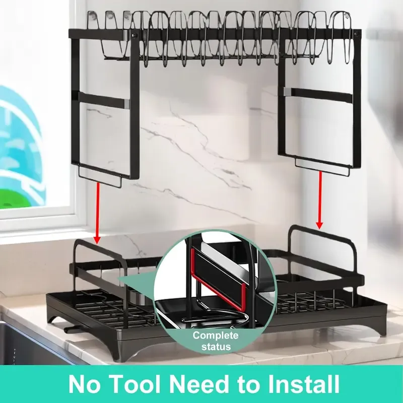 Bepatio Double-Layer Kitchen Countertop Drain Rack, Metal Material, with Drain Board, Can Hold Tableware, Carbon Steel Material, Kitchen Storage Rack