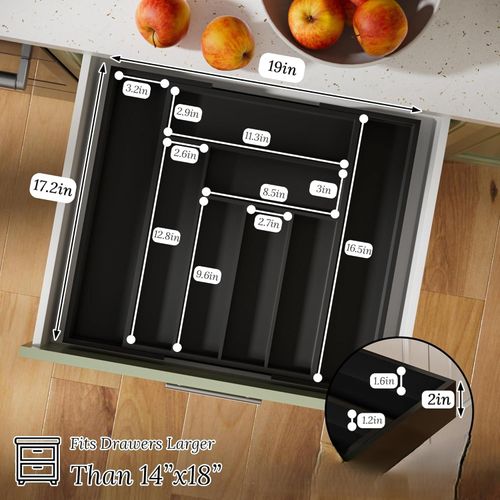 Silverware Organizer Large, Magnetic Connected Expandable 8 Slots Silverware Drawer Organizer from 12 to 20 Inches, Adjustable Flatware and Cutlery Holder, Bamboo Utensil Tray for Kitchen Black