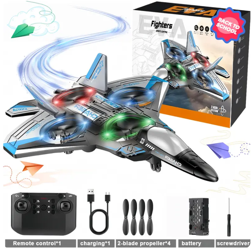 Remote-Controlled Fighter Jet — Crash-Resistant Quadcopter Drone with Colorful LED Lights — RC Aircraft Model Toy for Kids