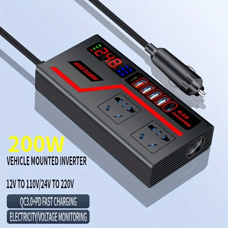 200W Car Inverter  DC12V 24V to 220V Power Converter with LED Display and 4 USB Fast Charging Ports