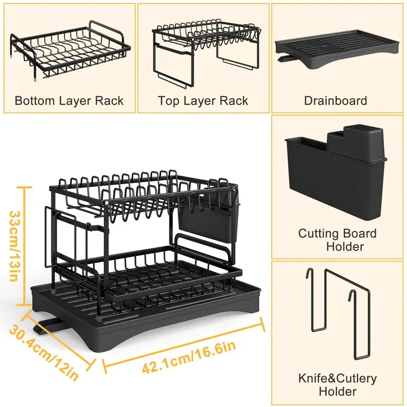 Bepatio Double-Layer Kitchen Countertop Drain Rack, Metal Material, with Drain Board, Can Hold Tableware, Carbon Steel Material, Kitchen Storage Rack