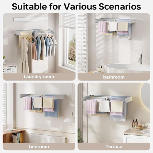 SYKIARIOL Wall Mounted Clothes Airer, Retractable Clothes Drying Rack, 80cm x 40cm x 10cm Foldable Laundry Drying Rack, Wall Mounted Clothes Drying Rack with 5 Rods, Drying Rack for Towel, White