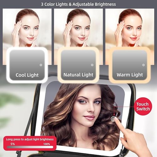 Makeup Bag with Mirror and Lights 3 Color, Travel Make up Bag Portable Lighted Makeup Case Organizer, Cosmetic Storage Case with 2-Layers Adjustable Dividers & 10X Magnifying Mirror(Black)