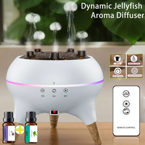 Flame & Mist-Ring Aromatherapy Humidifier — Wood-Grain Essential Oil Diffuser with Dynamic Jellyfish-Effect LED Lighting