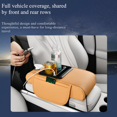 Multifunctional car armrest lift pad with starry sky ceiling design, charging function, six-in-one storage, cup holder, and tissue box.