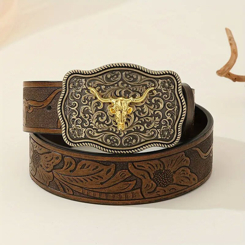 Western Cowboy Style Embossed PU Buckle Belt, Boho Style Animal Decor Belt for Men & Women, Fashion Accessories for Daily Wear, Western Concho Belts, Western Belt Buckles