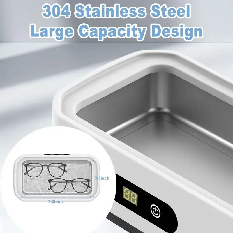 Ultrasonic Cleaner Machine 304 Stainless Steel Tank Sonic Cleaning Device for Eyeglasses Rings Watch Bands Dentures Retainers Coins Makeup Tools and Small Metal Parts Home and Travel Use