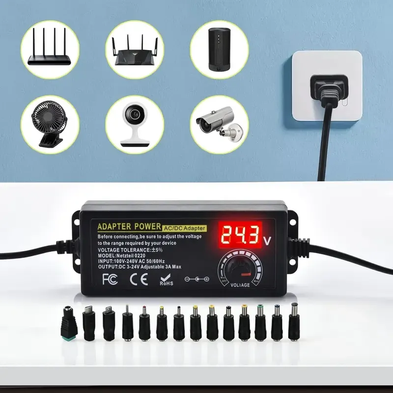 SnapFixMate Universal Power Supply, Plug Converter, Adjustable from 3.5 to 24V at 2A, AC to DC Adapter, US Power Plug, Featuring an LCD Screen And Digital Display, Includes Reverse Polarity Wiring And 14 Connectors