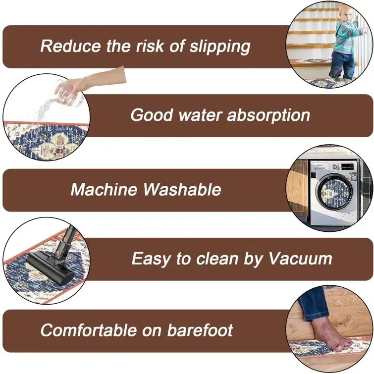 HEBE Non Slip Chenille Stair Runner for Wooden Indoor Reusable Soft Washable Rugs with Anti Slip Adhesive for Pets & Kids Stairway Grip Treads Decorative Mats 2PC