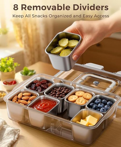 Snackle Box Container with 8 Removable Stainless Steel Compartments Divided Serving Tray with Portable Handle for Beach, Road Trip, Picnic, Boat Days, Ball Games, Pool and Parties