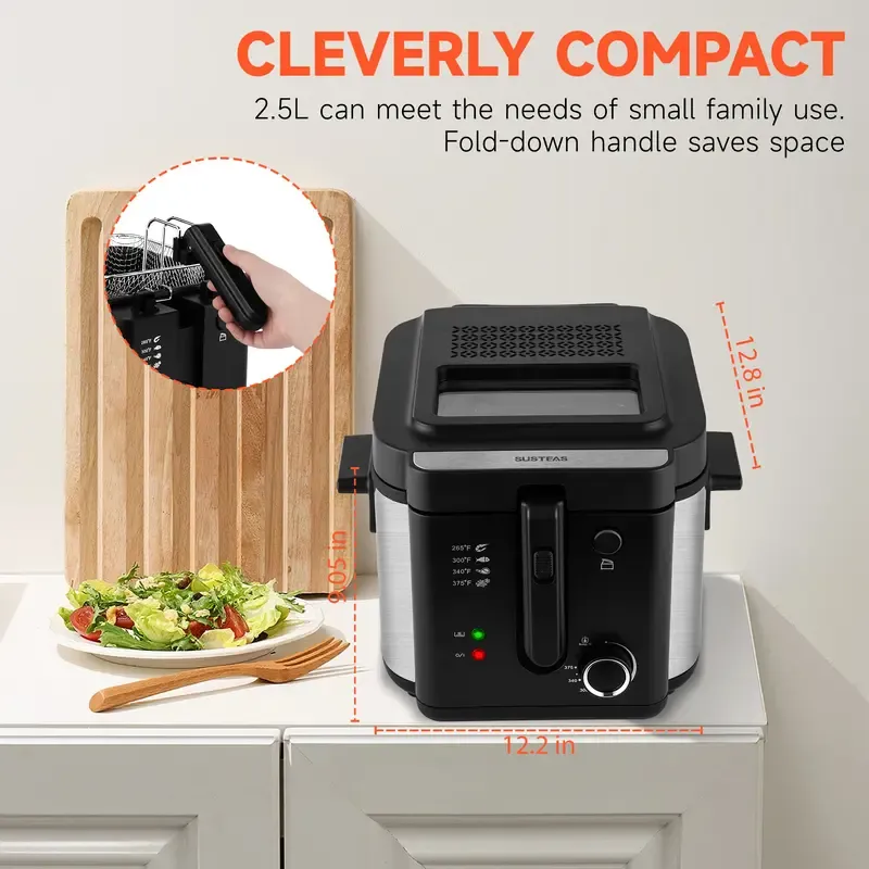 SUSTEAS Deep Fryer with Basket, 1500W Electric Deep Fryer, Temperature Control, Removable Lid, 2.6QT Non-Stick Inner Pot, Easy to Clean Cooker Springtok Cooking Food