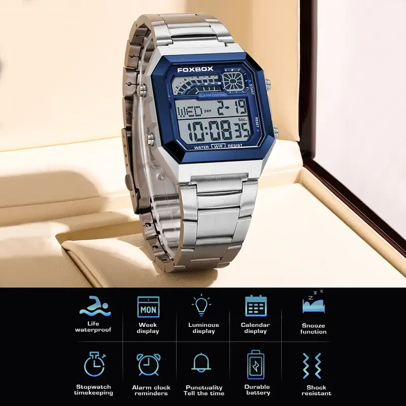 FOXBOX men's digital watch—perfect for students and adult men. Features an alloy case and strap, waterproof design, backlight, and displays time, date, and weekday