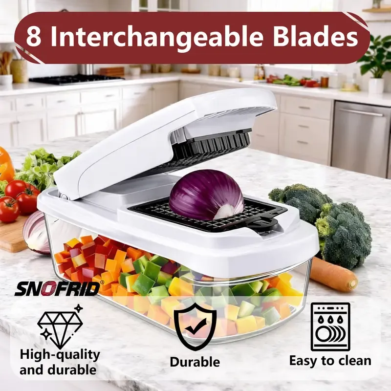 Snofrid Vegetable Chopper,15-in-1 Multifunctional Food Chopper,Professional Onion Chopper with 8 Blades,Vegetable Cutter with Container for Salad,Potato,Carrot,and Garlic, Essential Kitchen Tool